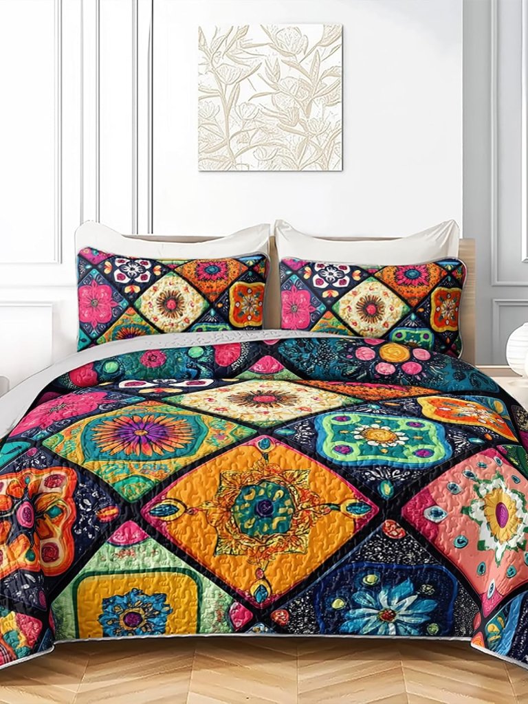 Boho Mandala Quilt Set Queen, Mexican Talavera Quilt Coverlet For Women, Bohemia